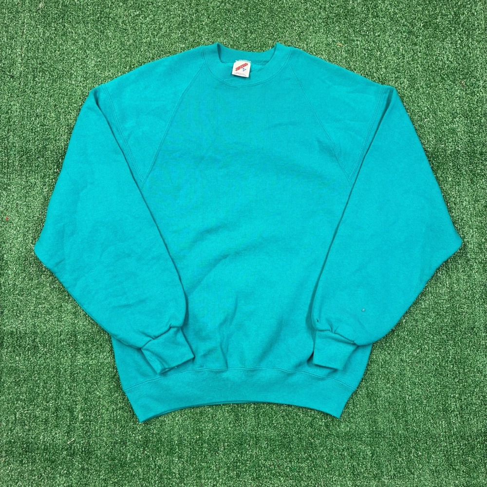 Vintage 90s Jerzees Blank Sweatshirt Teal Turquoise Raglan Made in USA Mens M